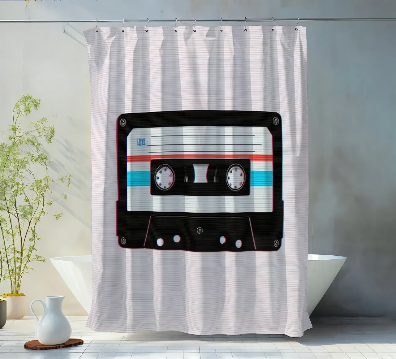 Nastro a cassetta con effetto glitch su sfondo a righe tenda da doccia da DesignDoodle
