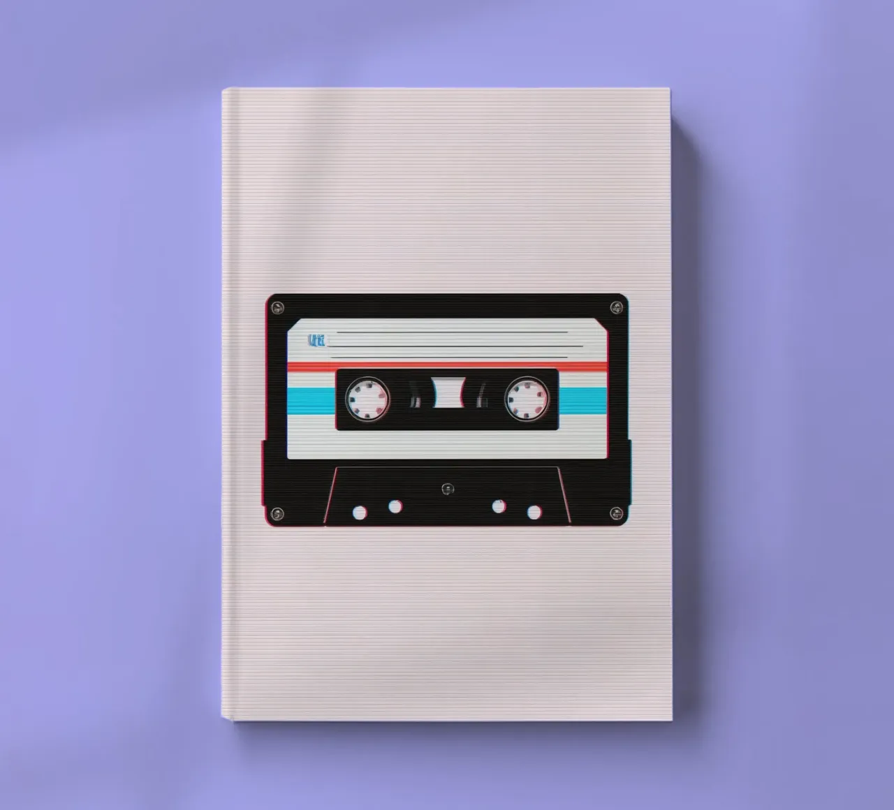 Cassette Tape with Glitch Effect on Striped Background notebook by DesignDoodle