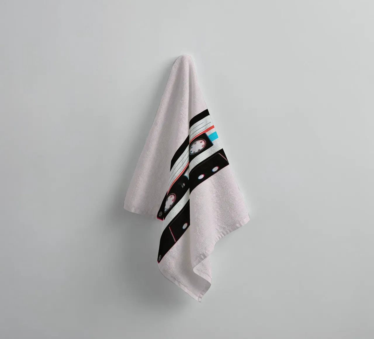 Cassette Tape with Glitch Effect on Striped Background towel by DesignDoodle