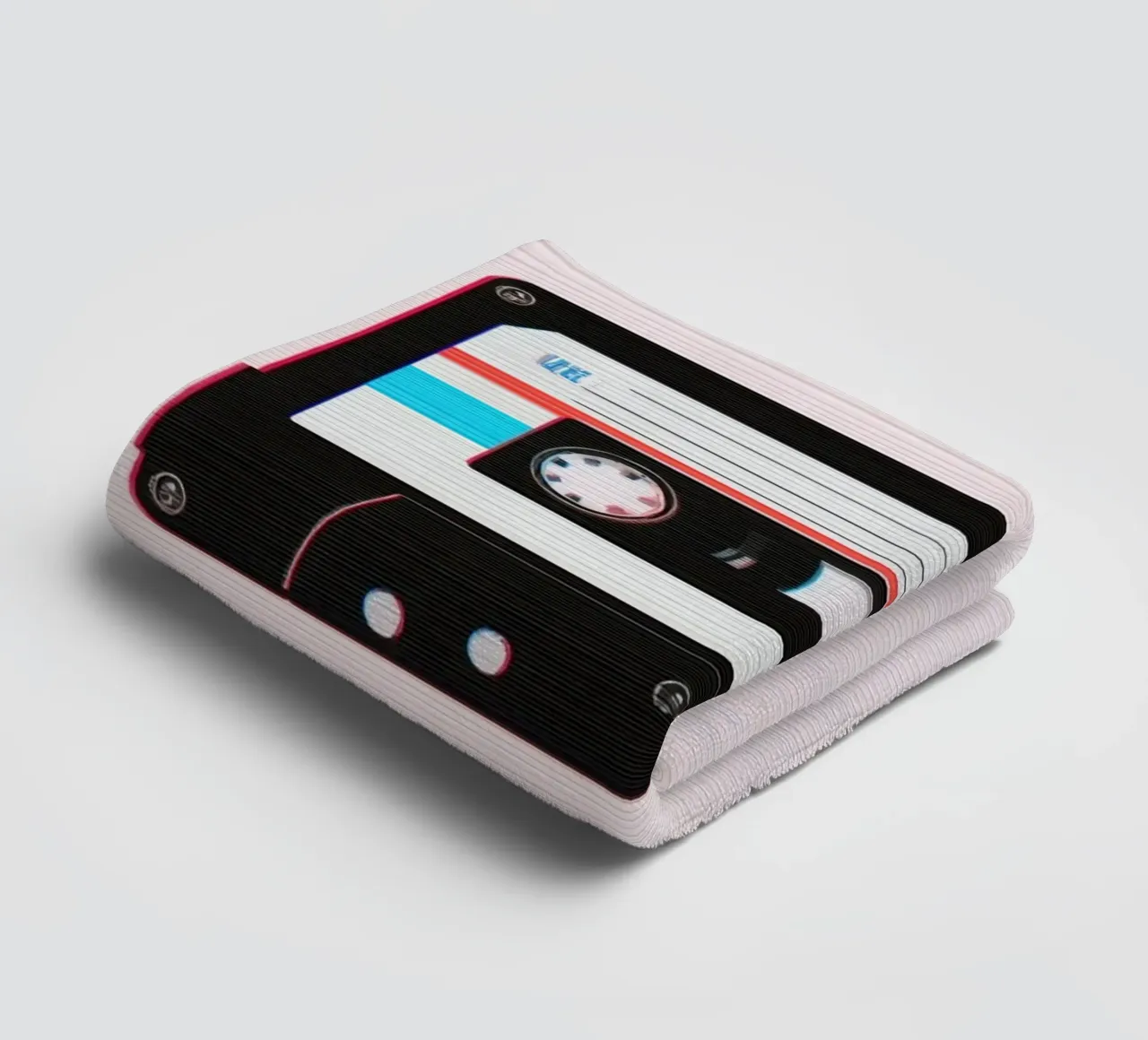 Cassette Tape with Glitch Effect on Striped Background towel by DesignDoodle