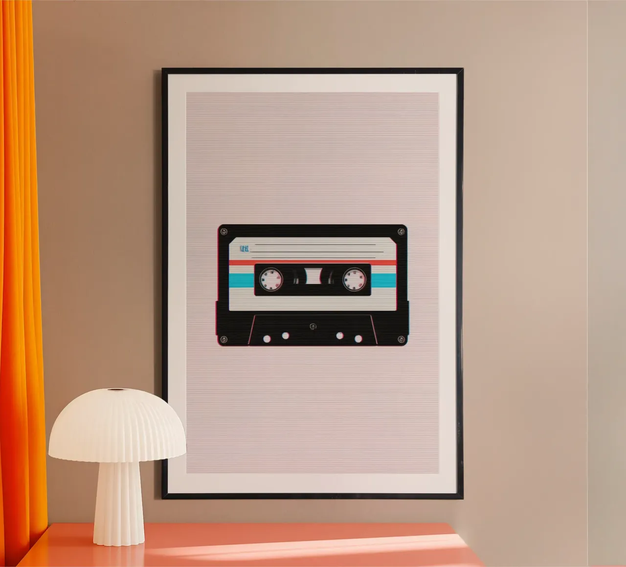 Kassettenband mit Glitch-Effekt auf gestreiftem Hintergrund Poster von DesignDoodle