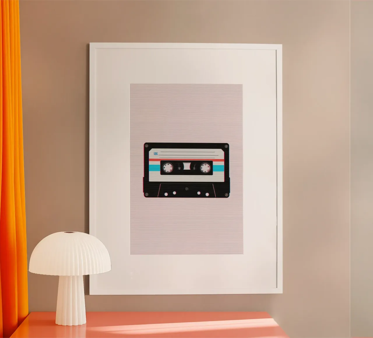 Nastro a cassetta con effetto glitch su sfondo a righe poster con telaio in alluminio da DesignDoodle