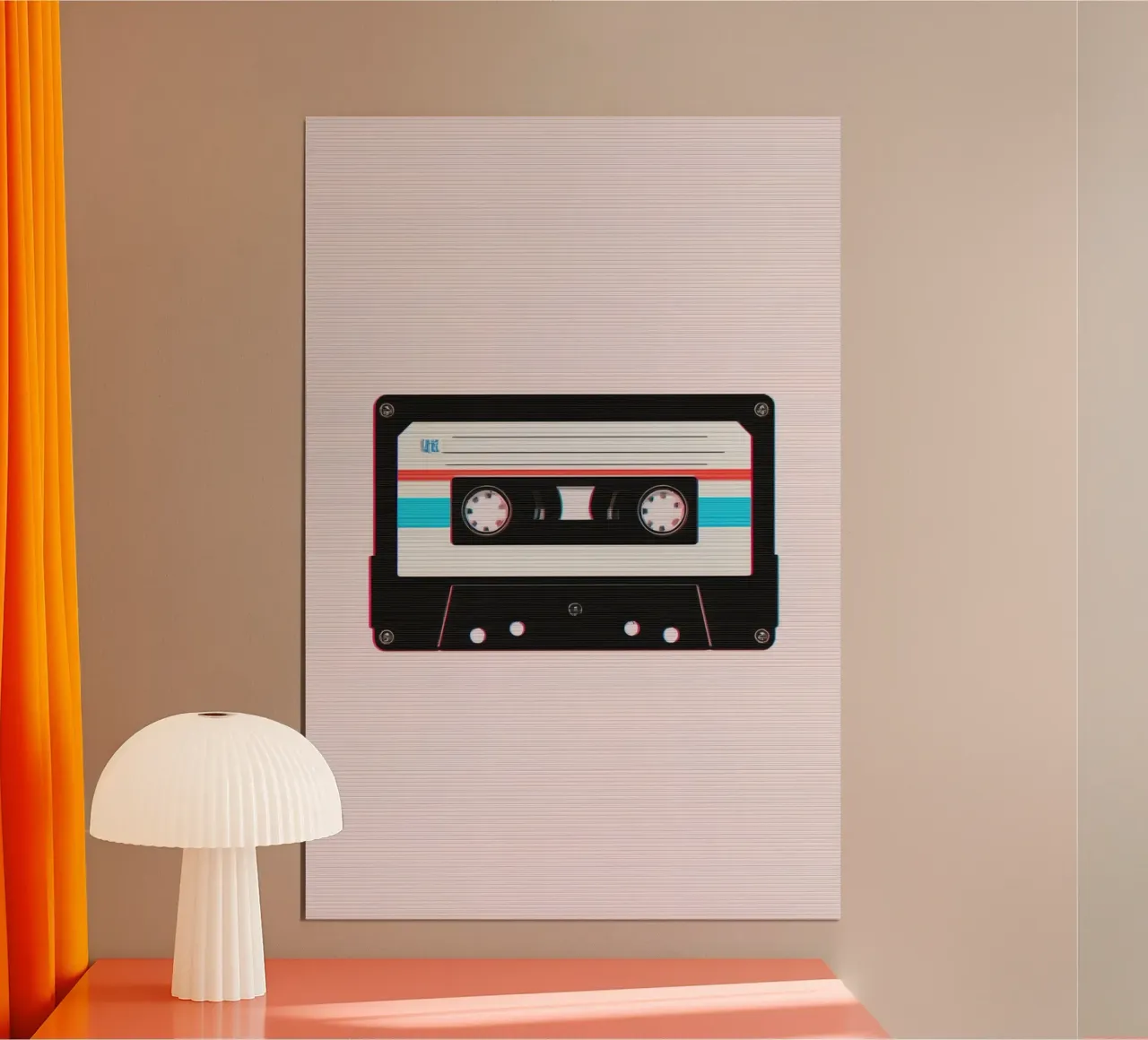 Kassettenband mit Glitch-Effekt auf gestreiftem Hintergrund Poster von DesignDoodle