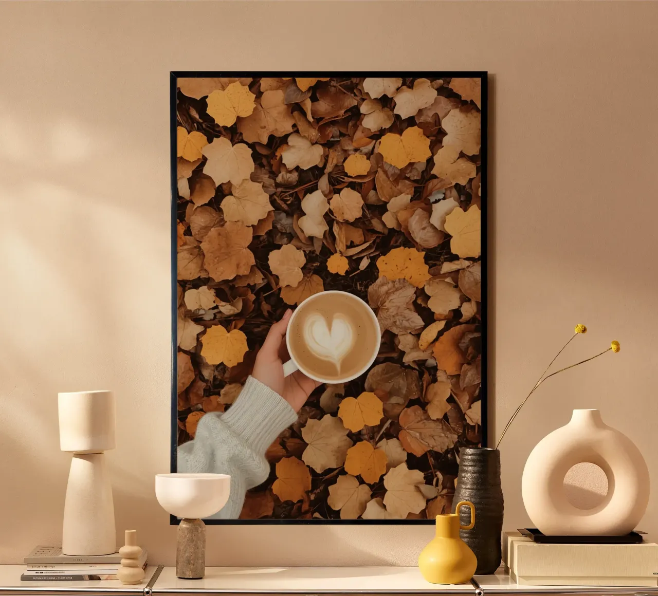 Latte with Heart Art on Autumn Leaves Held by Hand poster by DesignDoodle