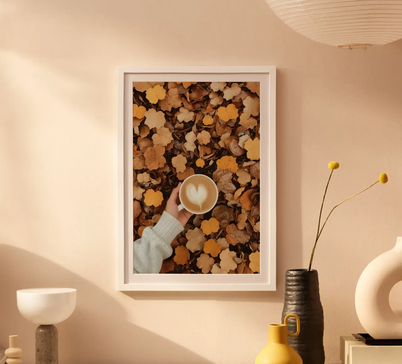 Latte with Heart Art on Autumn Leaves Held by Hand poster by DesignDoodle