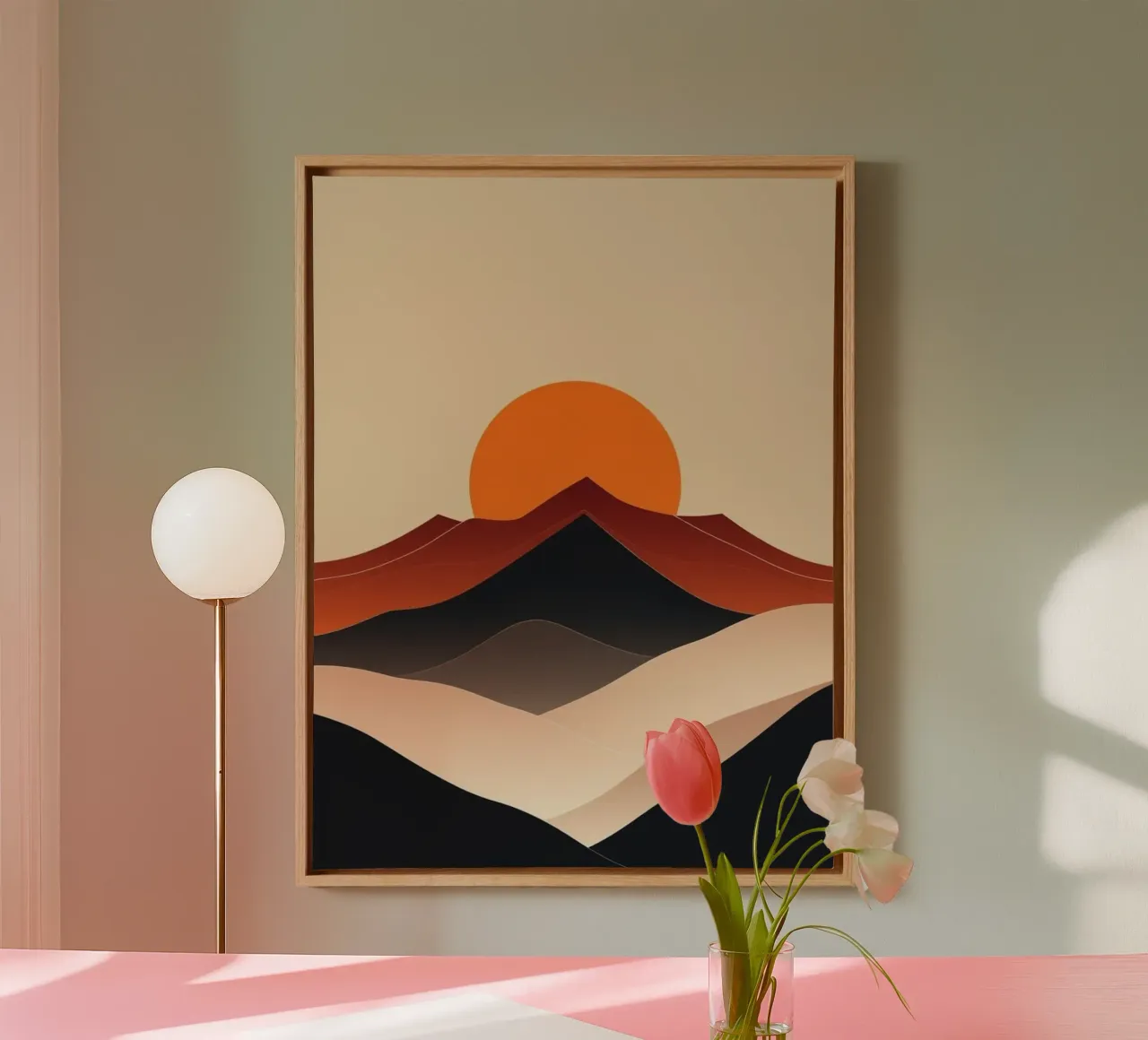 Abstract Minimalist Sunset over Layered Desert Mountains canvas with Floater frame by Artistic-shop