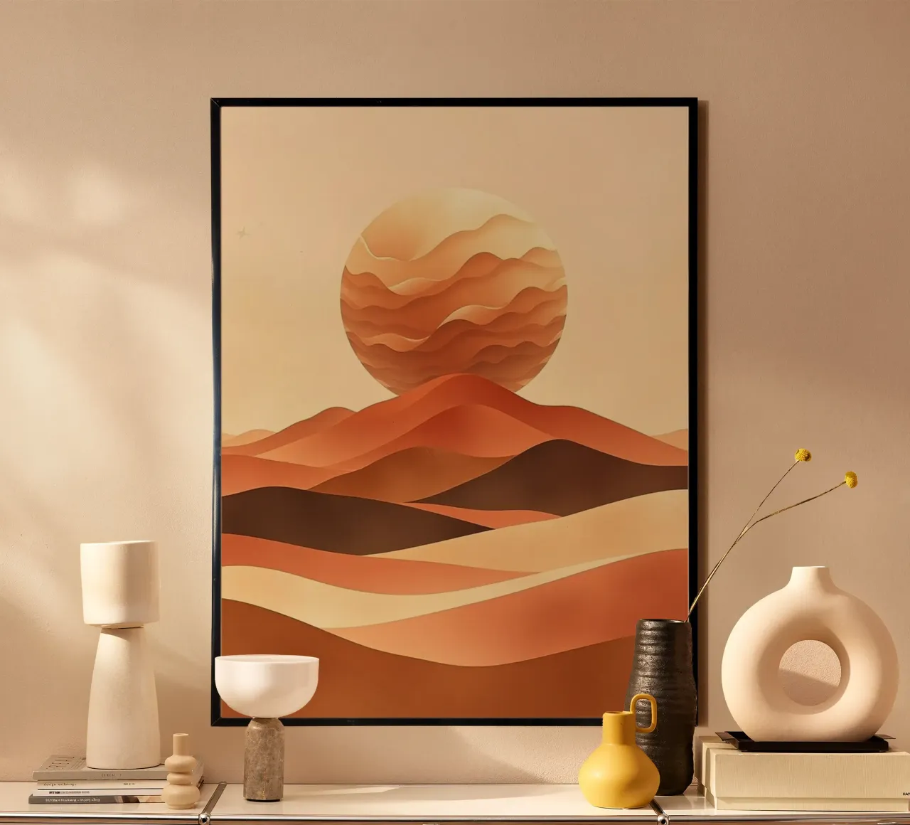 Impresión abstracta de un paisaje desértico al atardecer poster con marco de aluminio de Artistic-shop