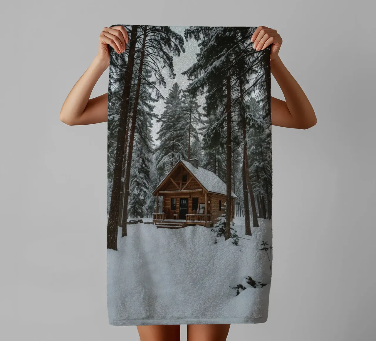 Log Cabin in Snow-Covered Forest towel by DesignDoodle