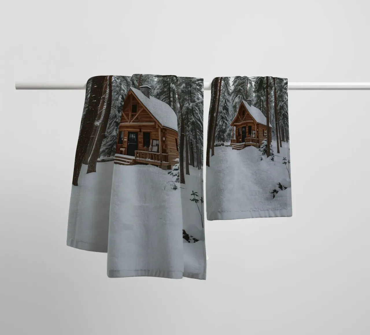 Log Cabin in Snow-Covered Forest towel by DesignDoodle