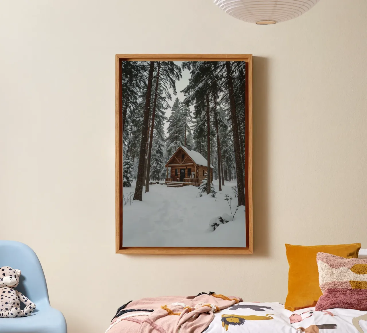Log Cabin in Snow-Covered Forest canvas with Floater frame by DesignDoodle
