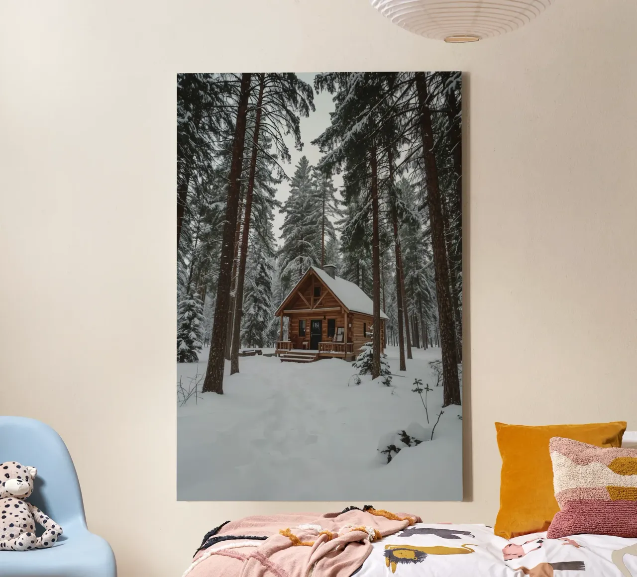 Log Cabin in Snow-Covered Forest canvas with Floater frame by DesignDoodle