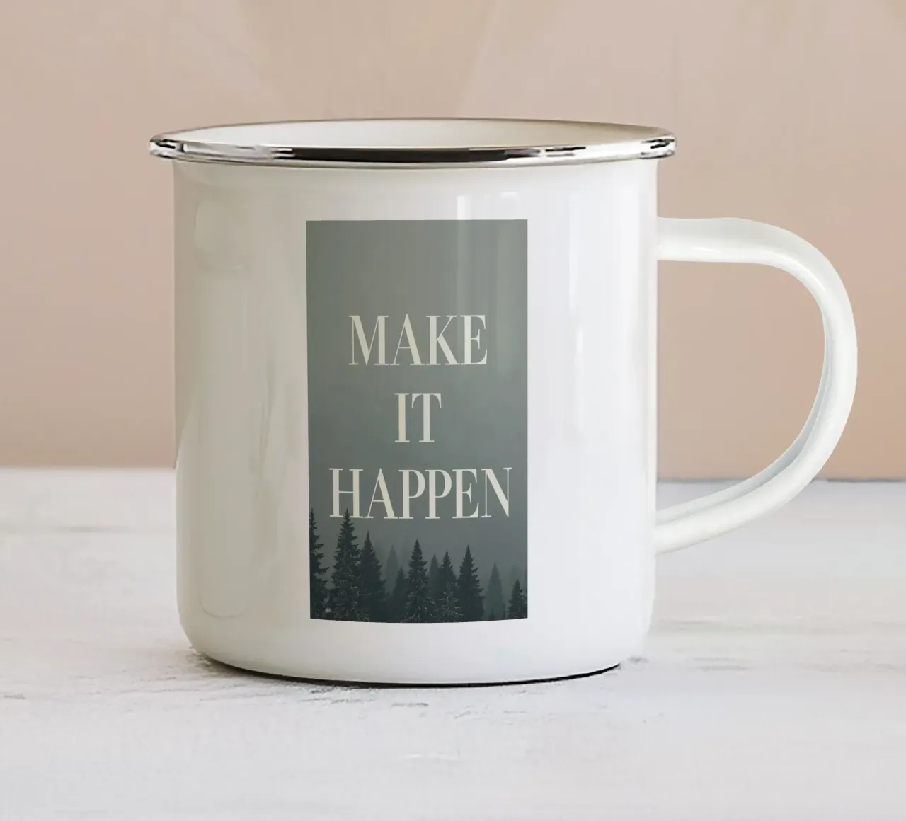MAKE IT HAPPEN Over boslandschap emaille mok van DesignDoodle