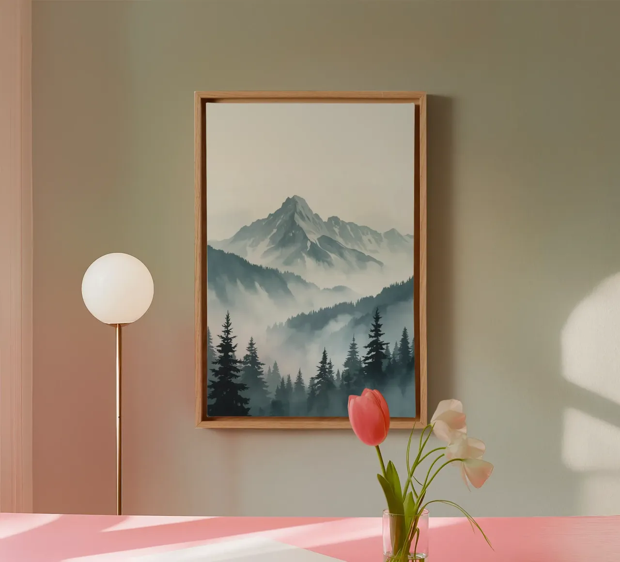 Mountain Range Behind Misty Forest canvas with Floater frame by DesignDoodle