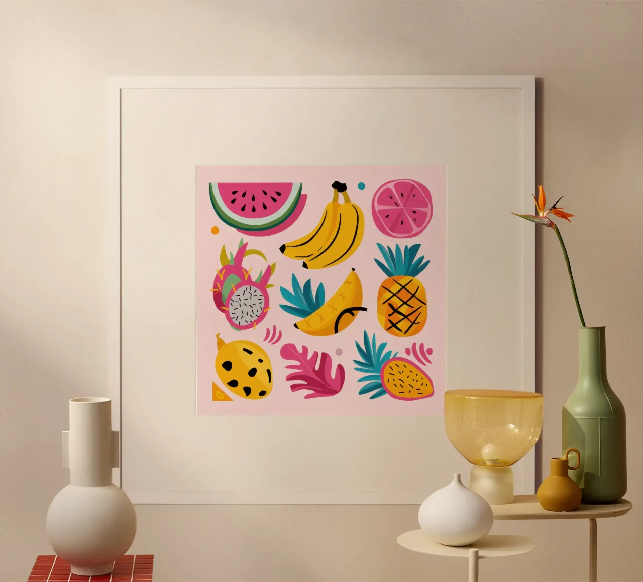 Fiesta di frutta tropicale poster con telaio in legno da Astra Mist