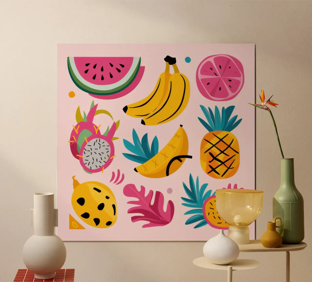 Fiesta di frutta tropicale poster con telaio in legno da Astra Mist