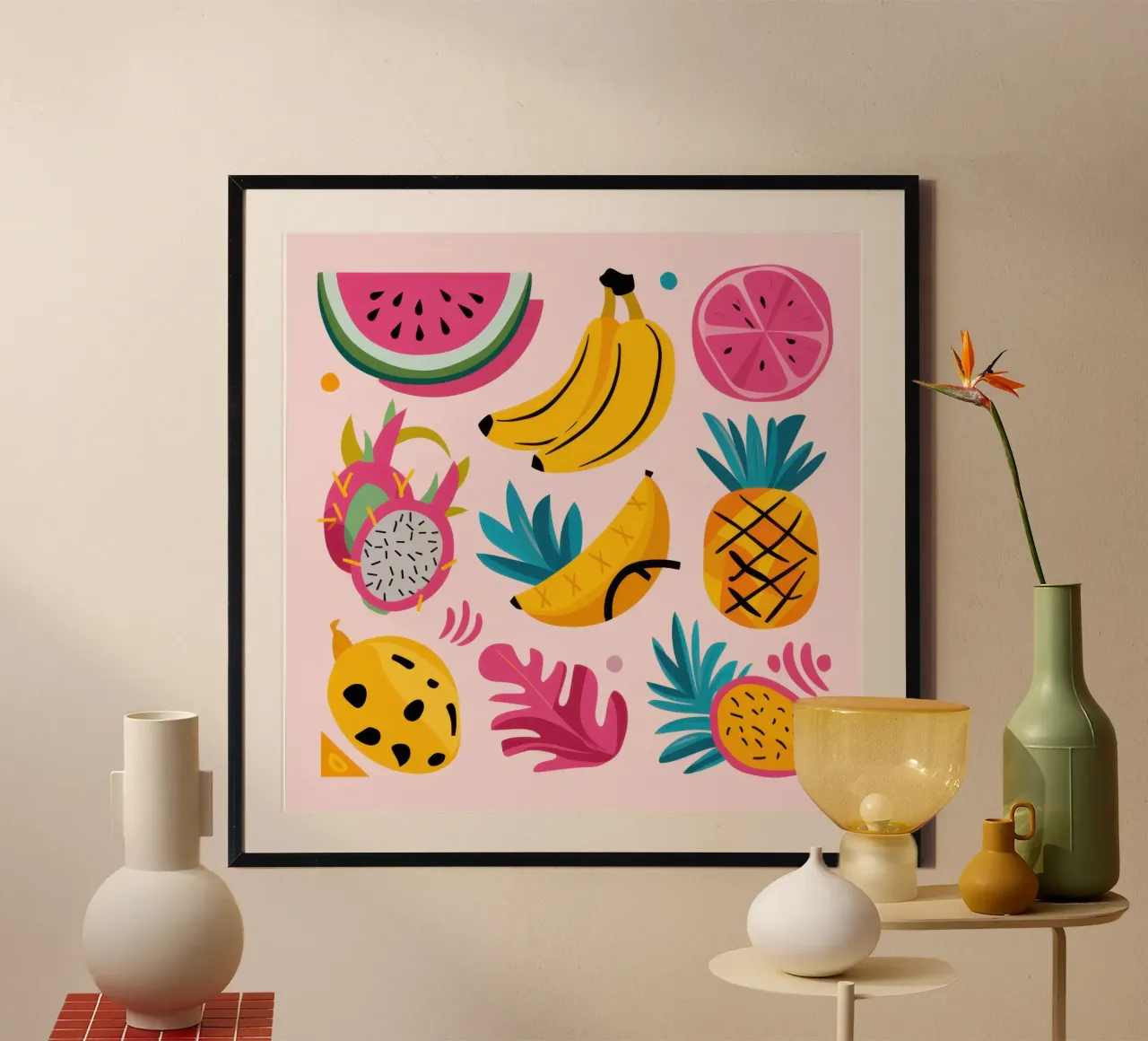 Fiesta di frutta tropicale poster con telaio in legno da Astra Mist