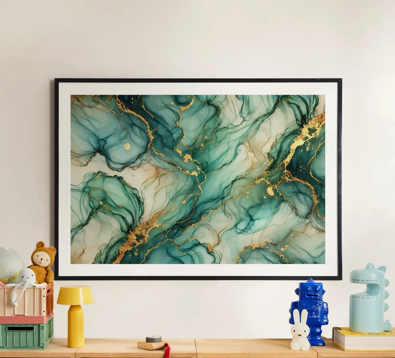 Inchiostro alcolico Botanic Teal poster con telaio in alluminio da Chromatic Fusion Studio