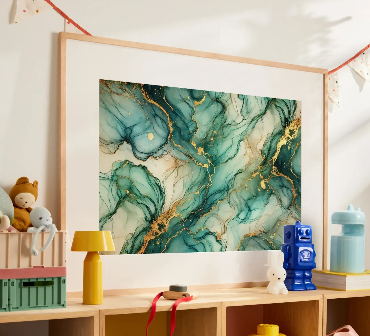 Inchiostro alcolico Botanic Teal poster con telaio in alluminio da Chromatic Fusion Studio