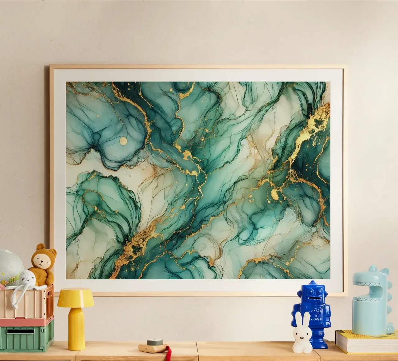 Inchiostro alcolico Botanic Teal poster con telaio in alluminio da Chromatic Fusion Studio