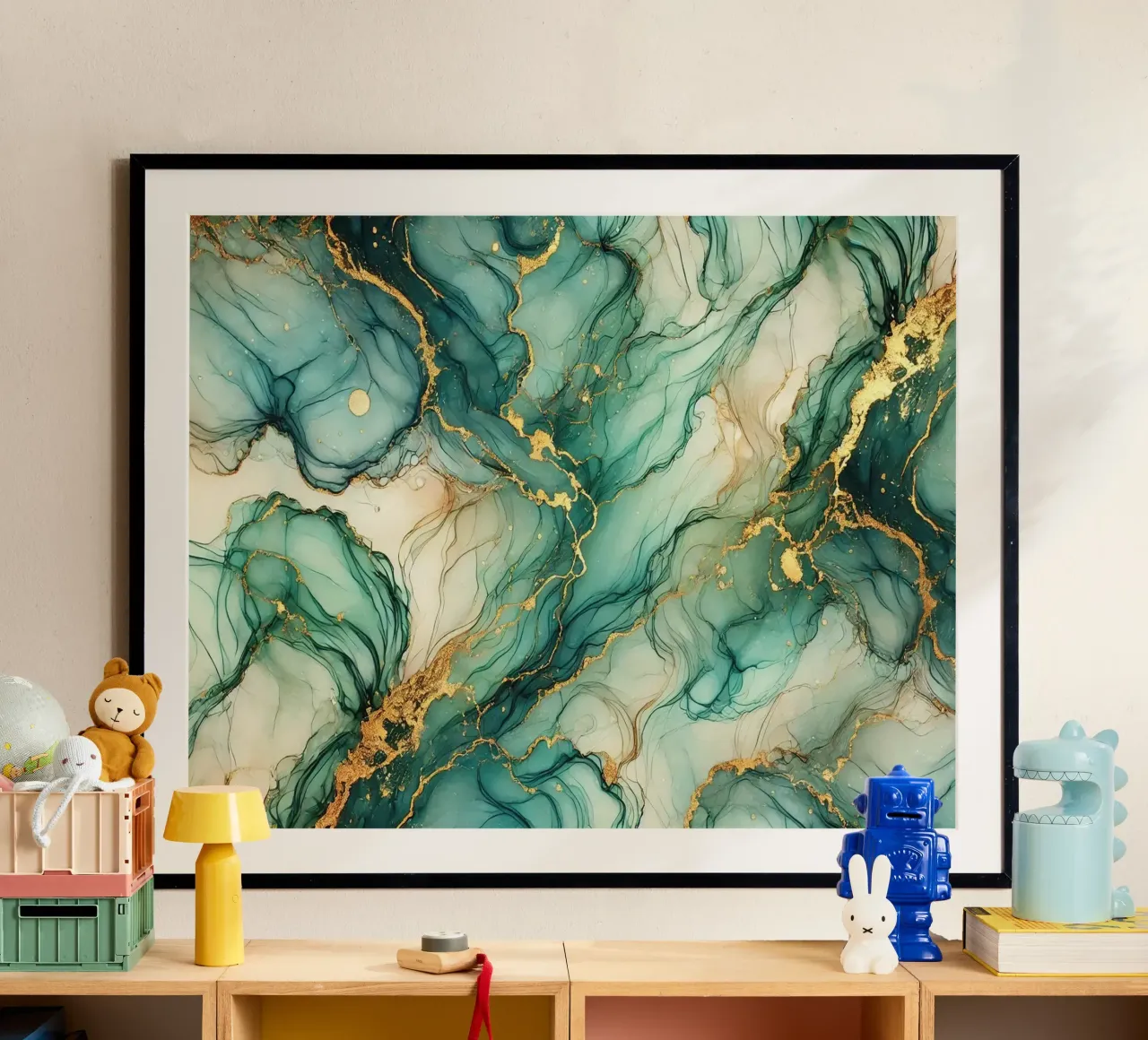 Inchiostro alcolico Botanic Teal poster con telaio in alluminio da Chromatic Fusion Studio