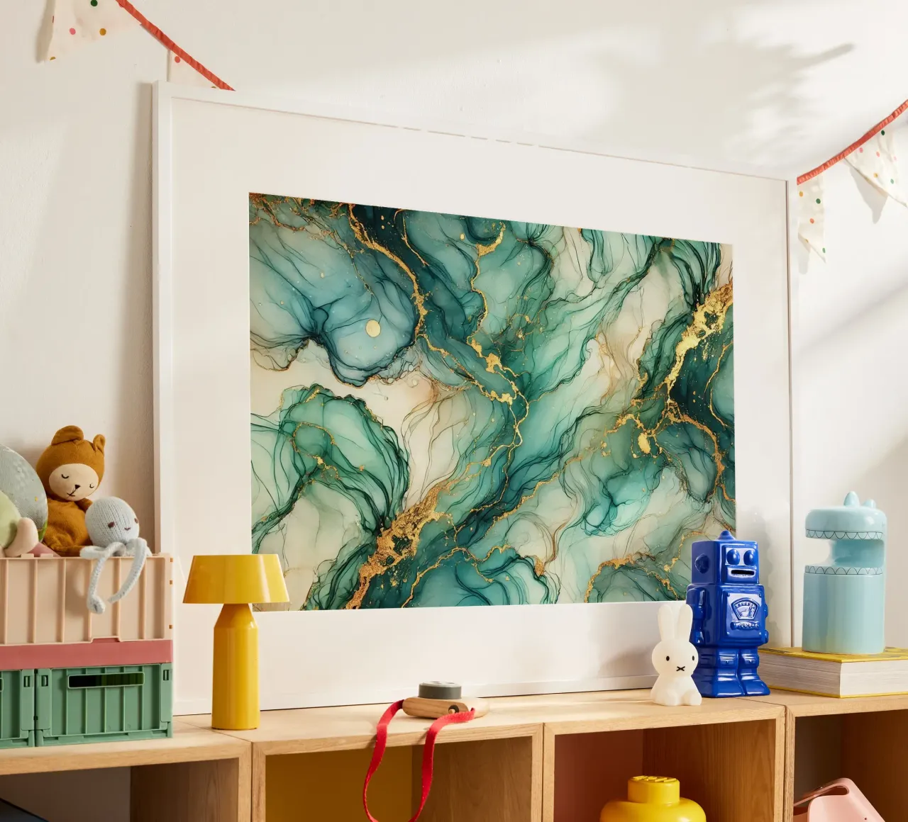 Inchiostro alcolico Botanic Teal poster con telaio in alluminio da Chromatic Fusion Studio