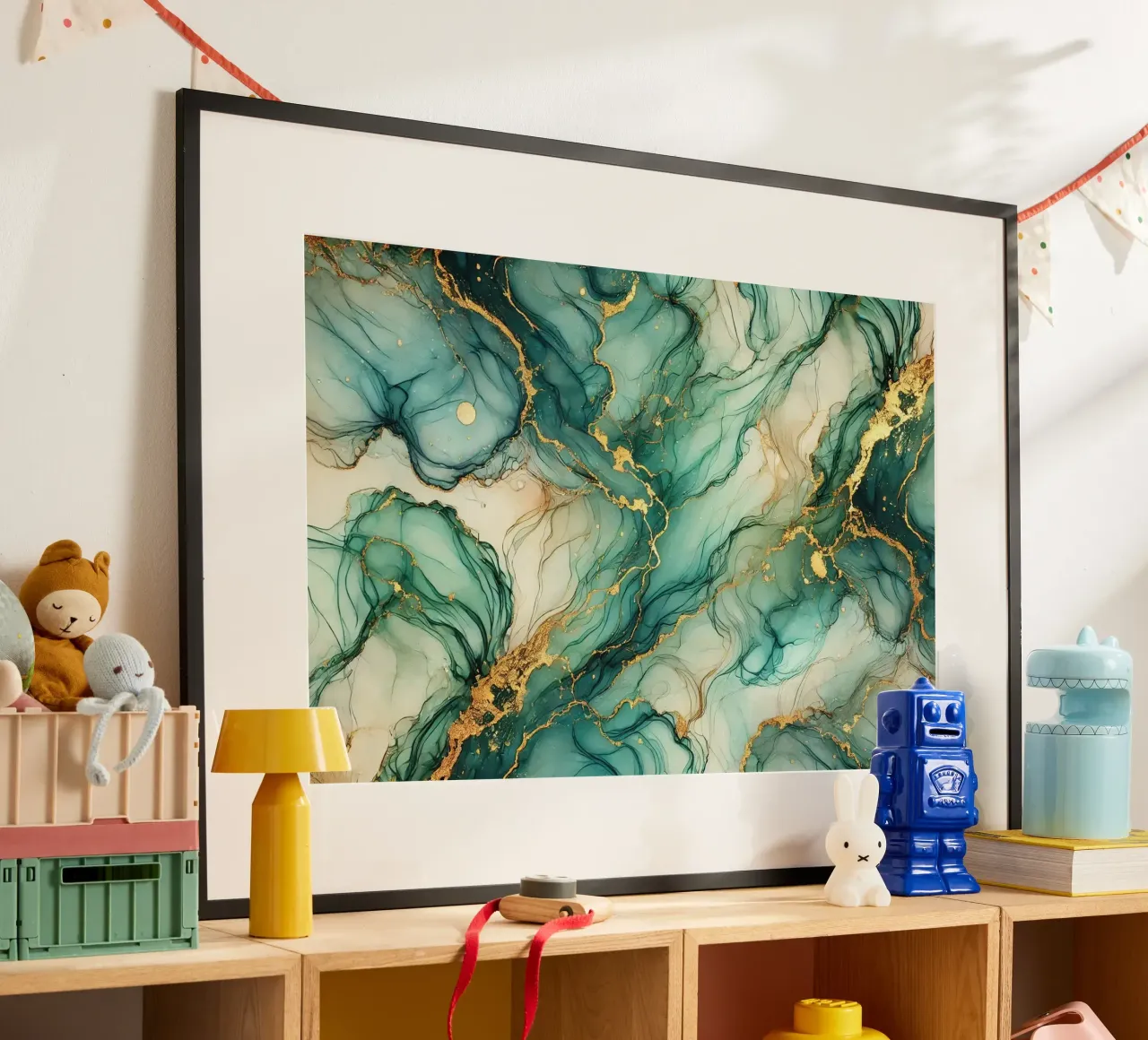 Inchiostro alcolico Botanic Teal poster con telaio in alluminio da Chromatic Fusion Studio