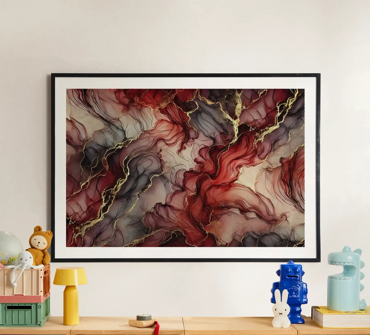 Inchiostro alcolico di seta borgogna poster con telaio in legno da Chromatic Fusion Studio