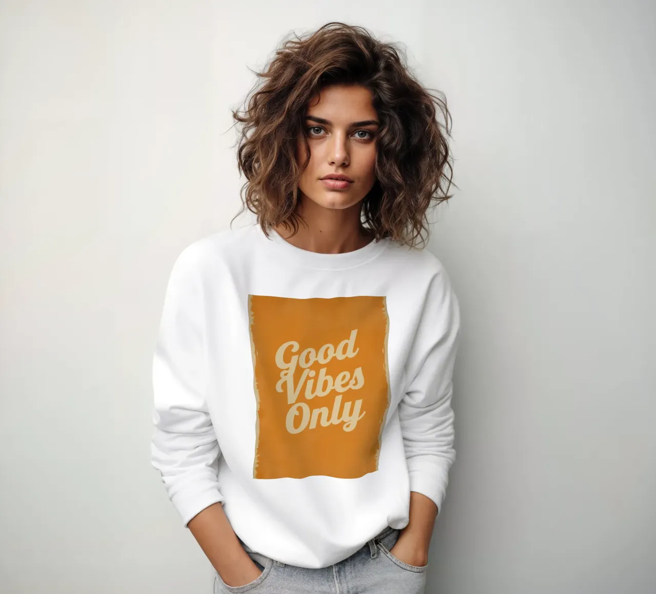 Orange Background with Cream Good Vibes Only sweatshirt by DesignDoodle