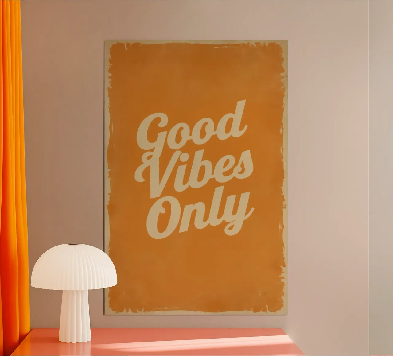 Fond orange avec crème Good Vibes Only poster avec cadre en aluminium de DesignDoodle