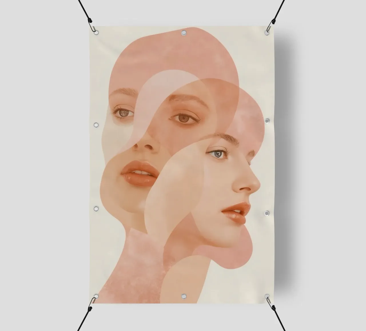 Volti femminili sovrapposti con forme geometriche Toni di pesca telo in pvc da DesignDoodle