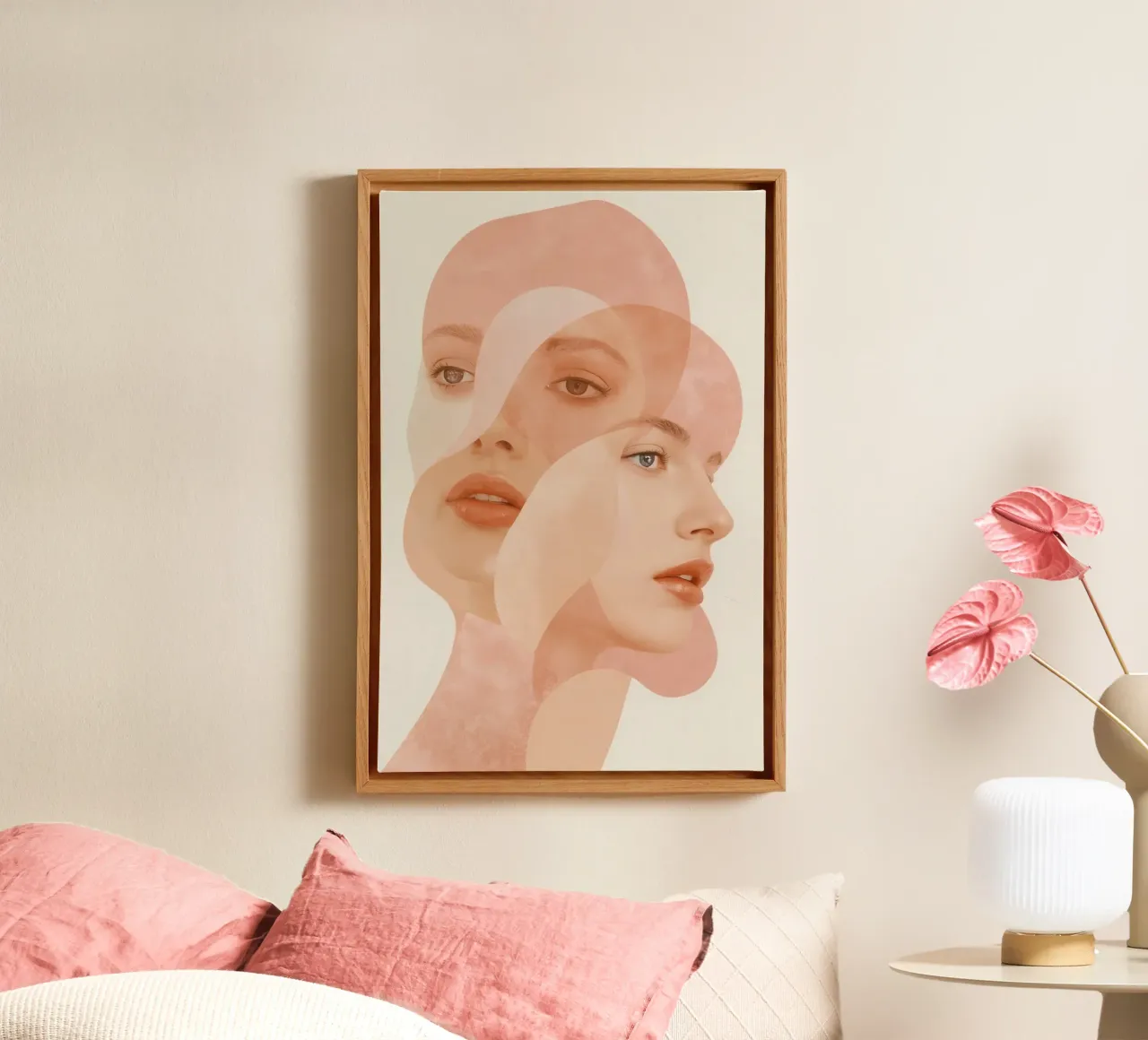 Volti femminili sovrapposti con forme geometriche Toni di pesca tela con Cornice a cassetta da DesignDoodle