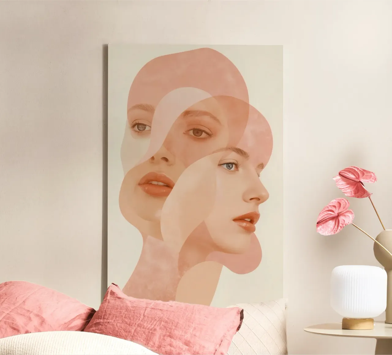Volti femminili sovrapposti con forme geometriche Toni di pesca tela con Cornice a cassetta da DesignDoodle