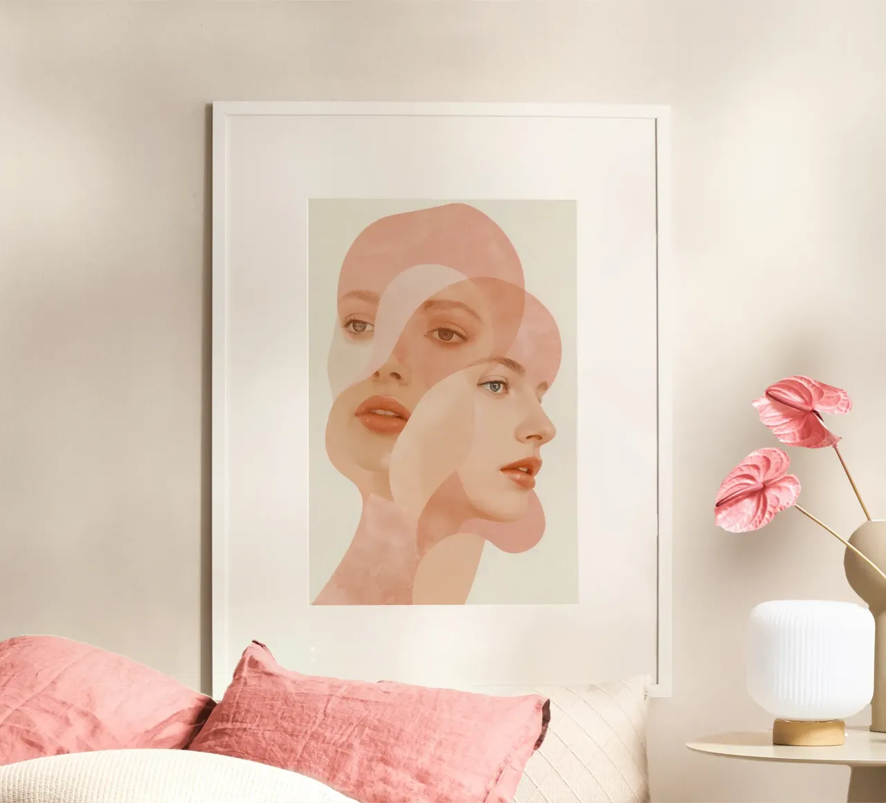 Volti femminili sovrapposti con forme geometriche Toni di pesca poster con telaio in alluminio da DesignDoodle