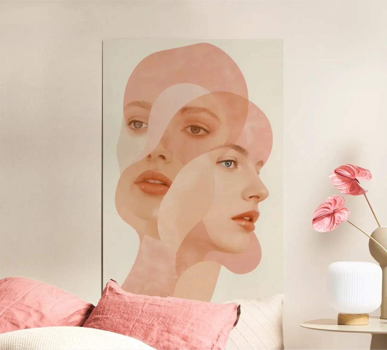 Volti femminili sovrapposti con forme geometriche Toni di pesca poster con telaio in alluminio da DesignDoodle