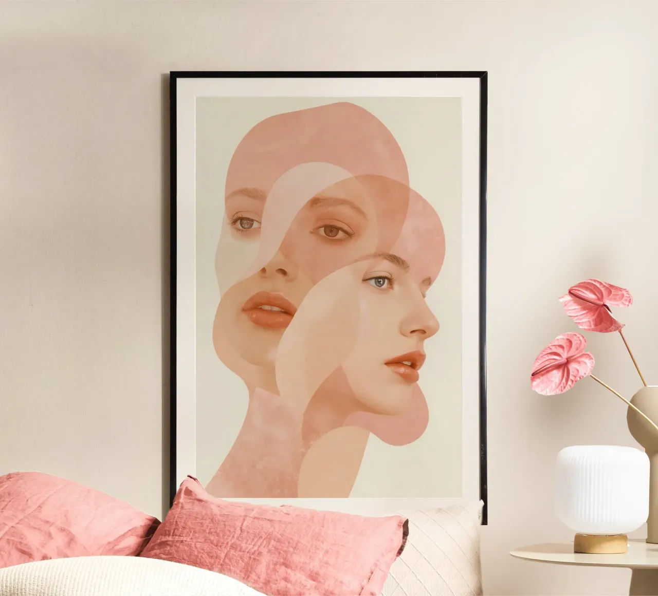 Volti femminili sovrapposti con forme geometriche Toni di pesca poster con telaio in alluminio da DesignDoodle