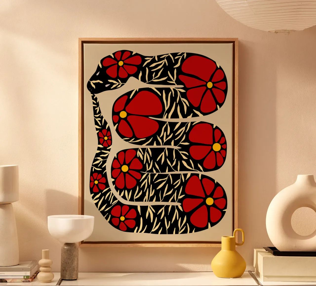 The tail-eating floral snake black with red tela con Cornice a cassetta da TijanaArtStudio88
