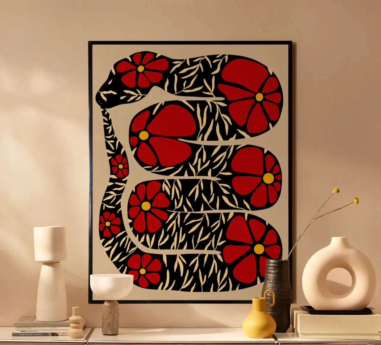 The tail-eating floral snake black with red poster con telaio in legno da TijanaArtStudio88
