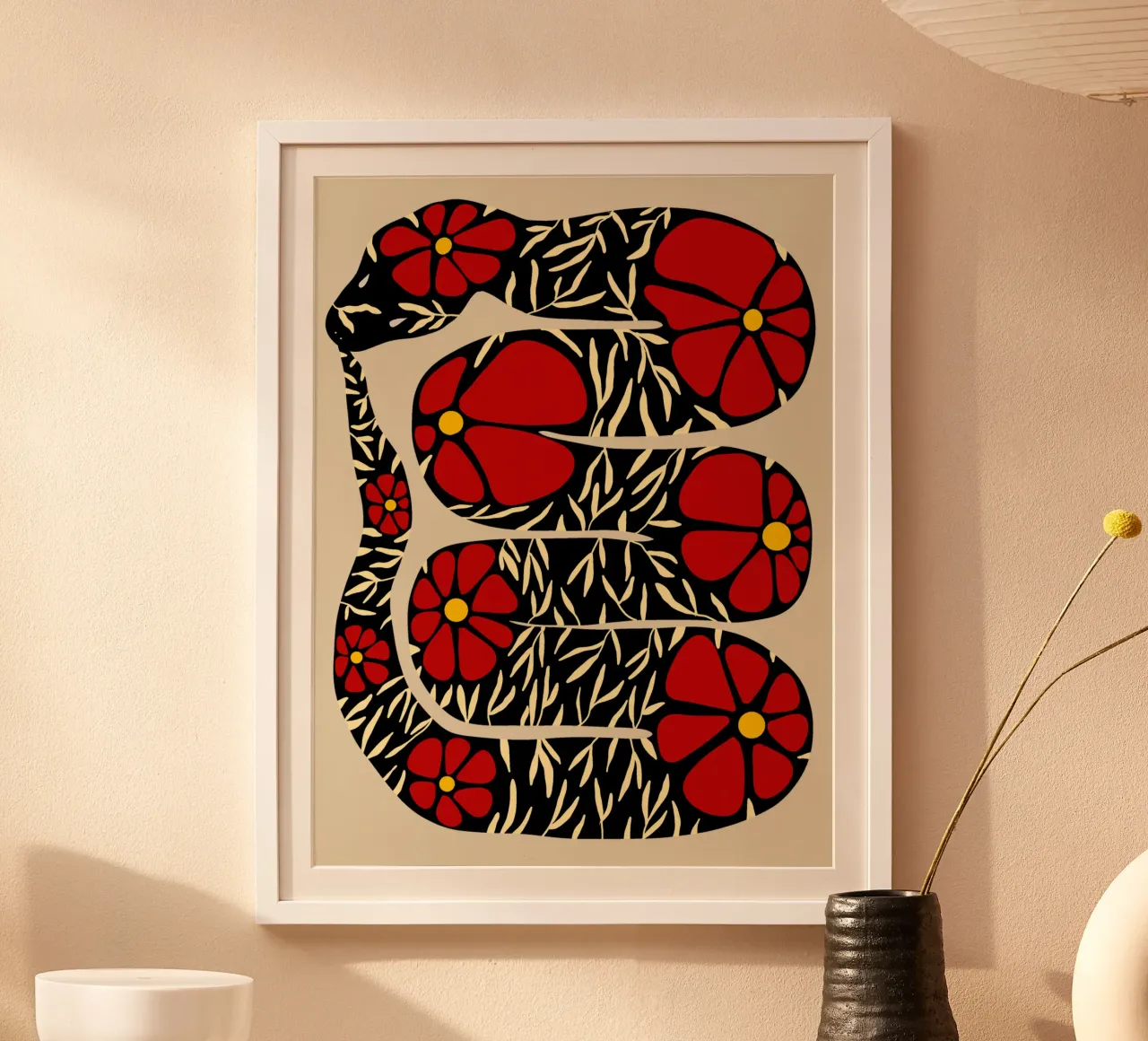 The tail-eating floral snake black with red poster con telaio in legno da TijanaArtStudio88