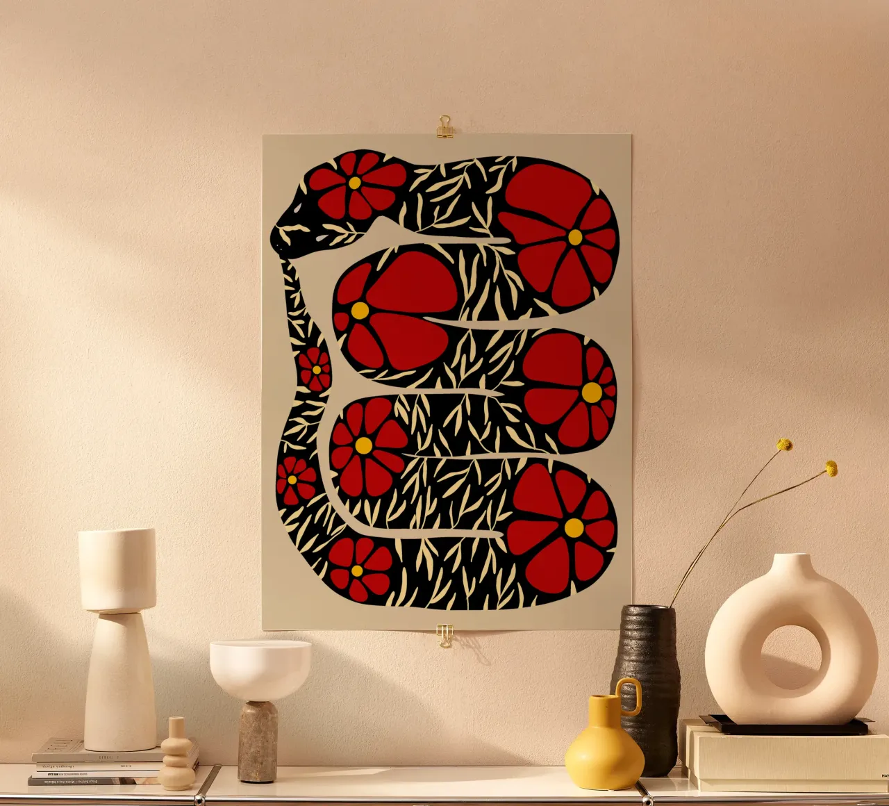 The tail-eating floral snake black with red poster con telaio in legno da TijanaArtStudio88
