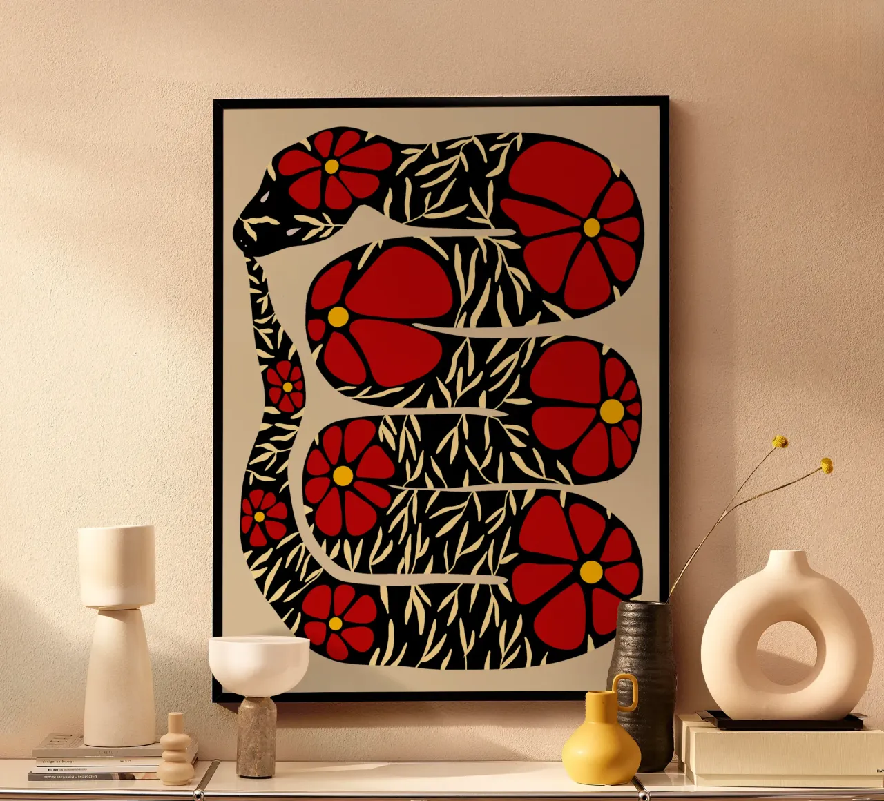 The tail-eating floral snake black with red poster con telaio in legno da TijanaArtStudio88