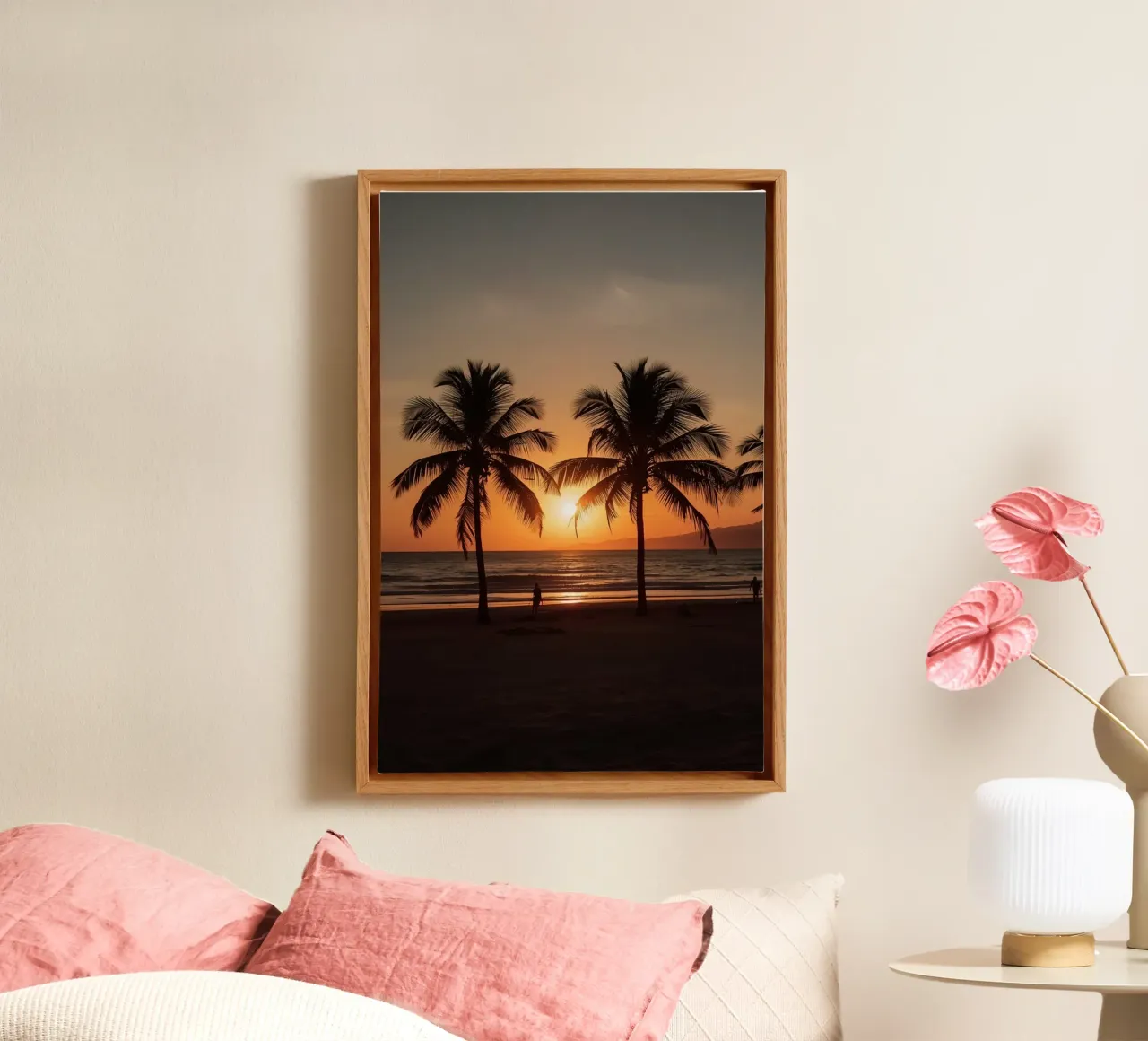 Palmbomen Silhouet Zonsondergang Strand canvas met Baklijst van DesignDoodle