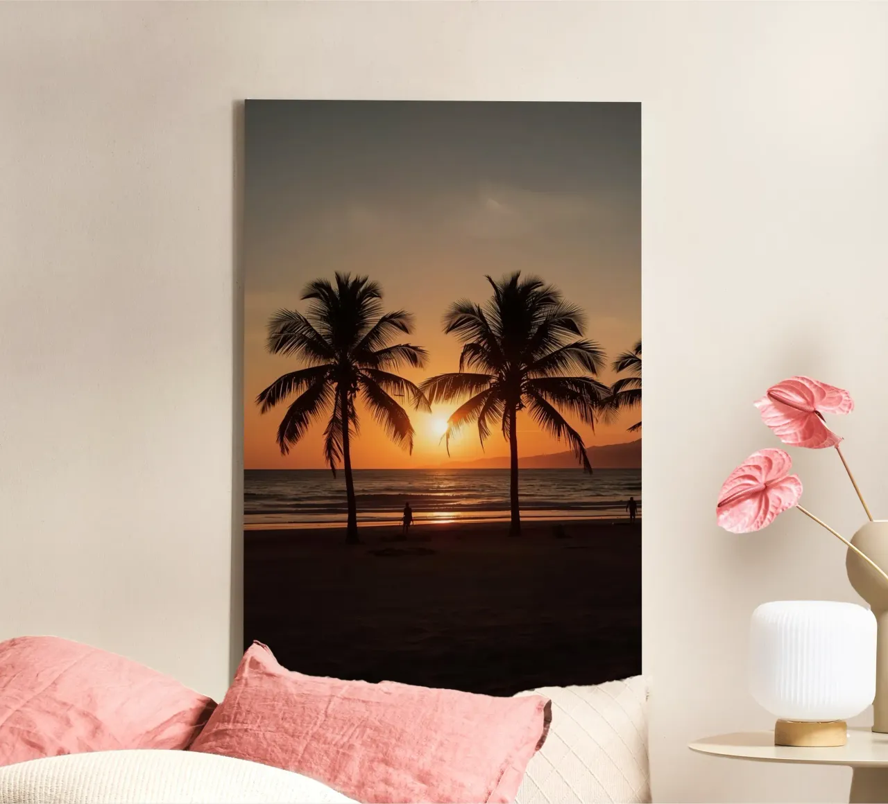 Palmbomen Silhouet Zonsondergang Strand canvas met Baklijst van DesignDoodle