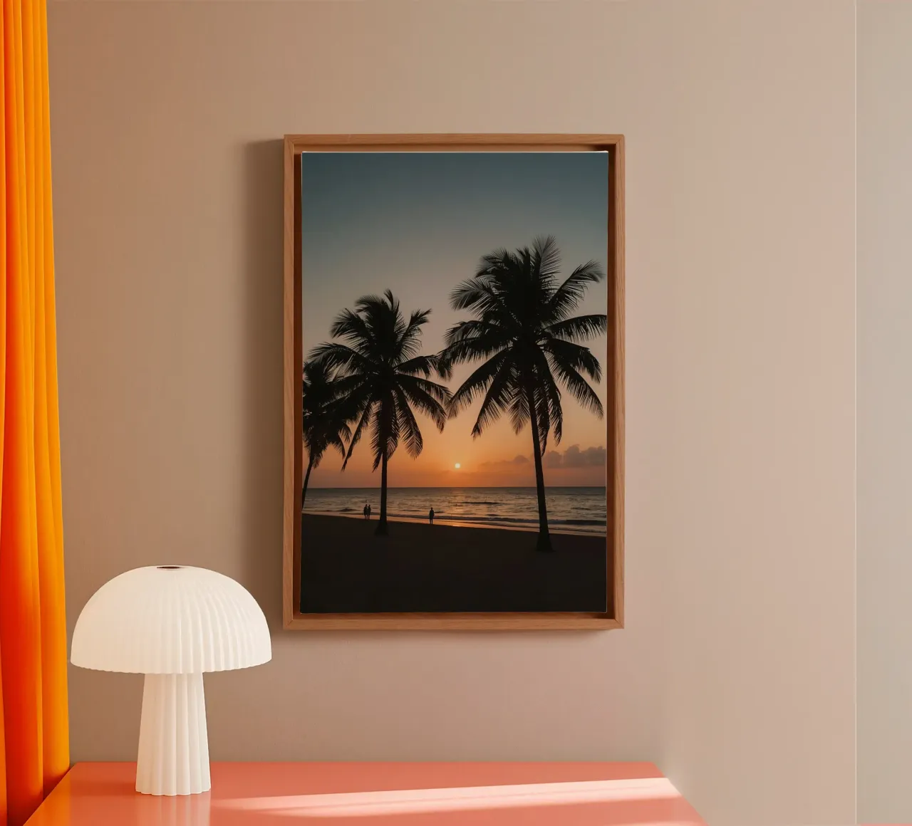 Palm Trees Silhouetted on Beach at Sunset canvas with Floater frame by DesignDoodle