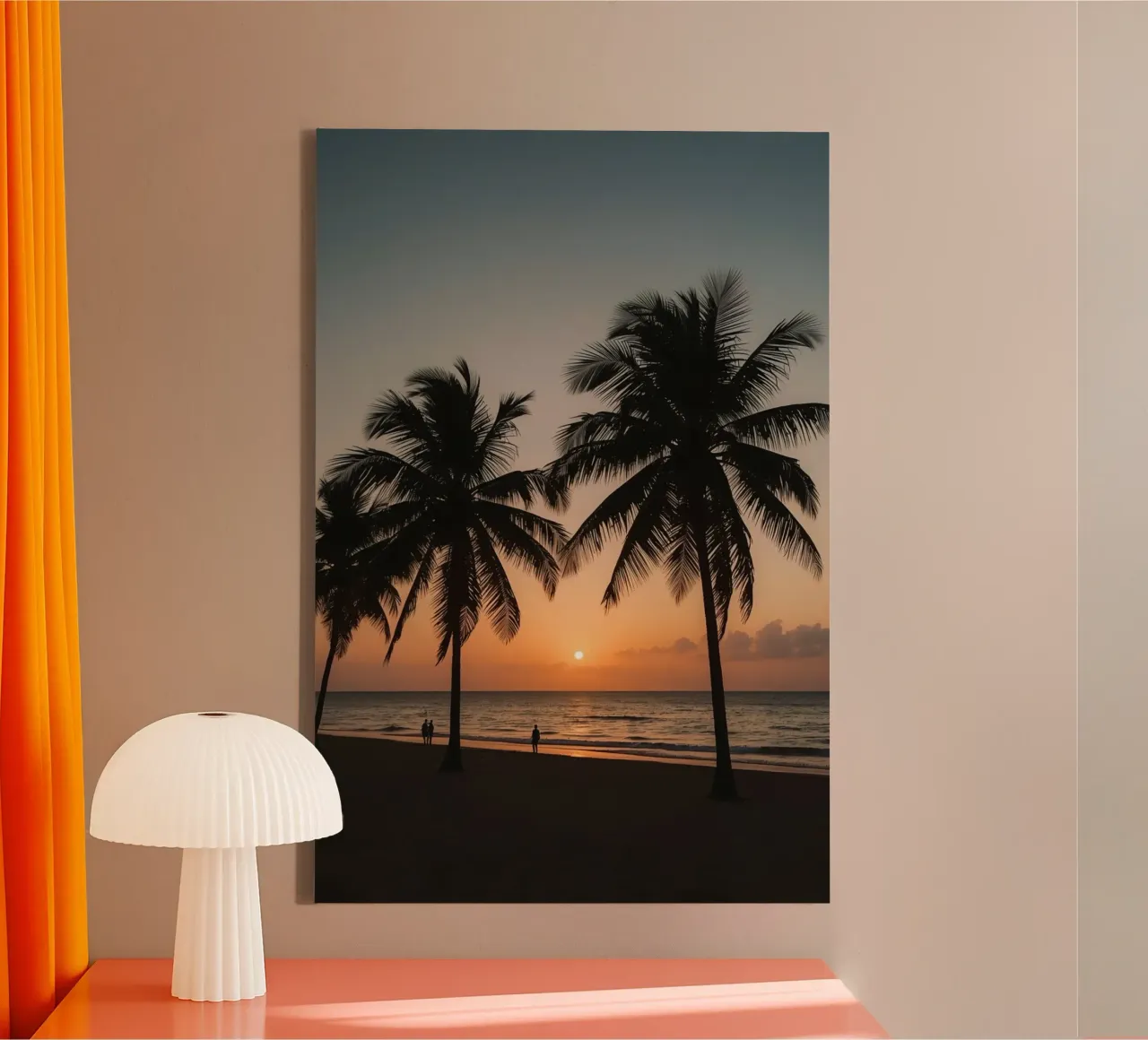 Palm Trees Silhouetted on Beach at Sunset canvas with Floater frame by DesignDoodle