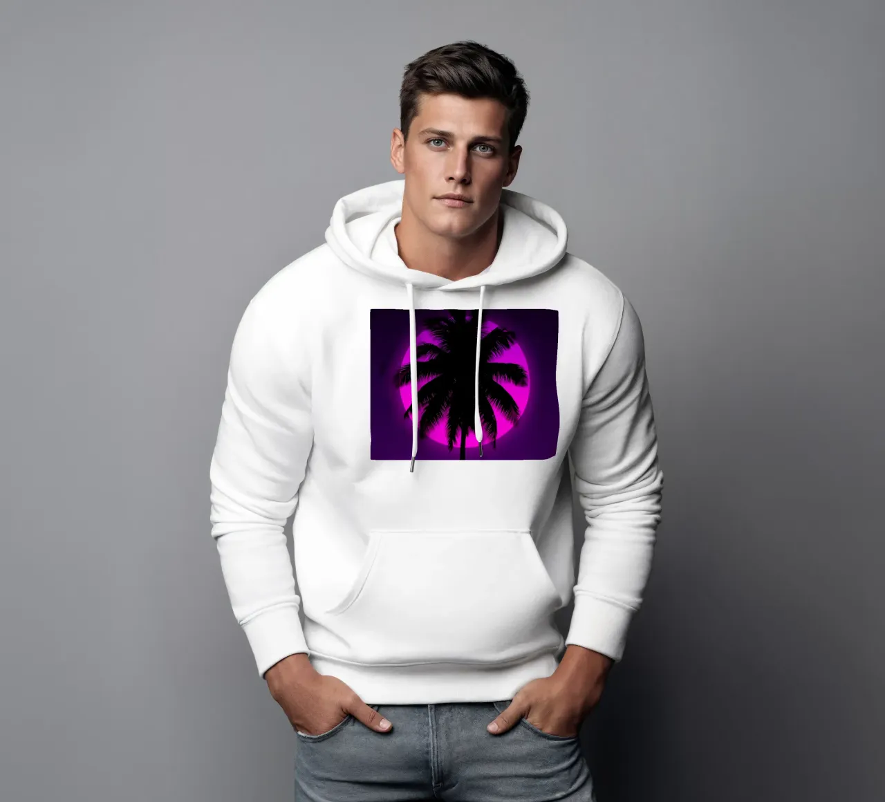 Silueta de palmera sobre un círculo rosa en un cuadro morado sudadera con capucha de DesignDoodle