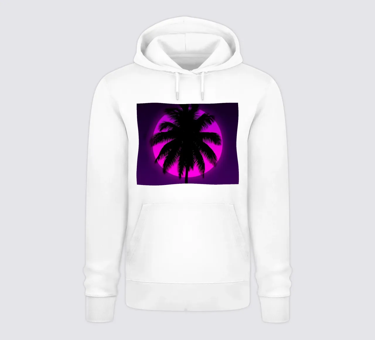 Silueta de palmera sobre un círculo rosa en un cuadro morado sudadera con capucha de DesignDoodle