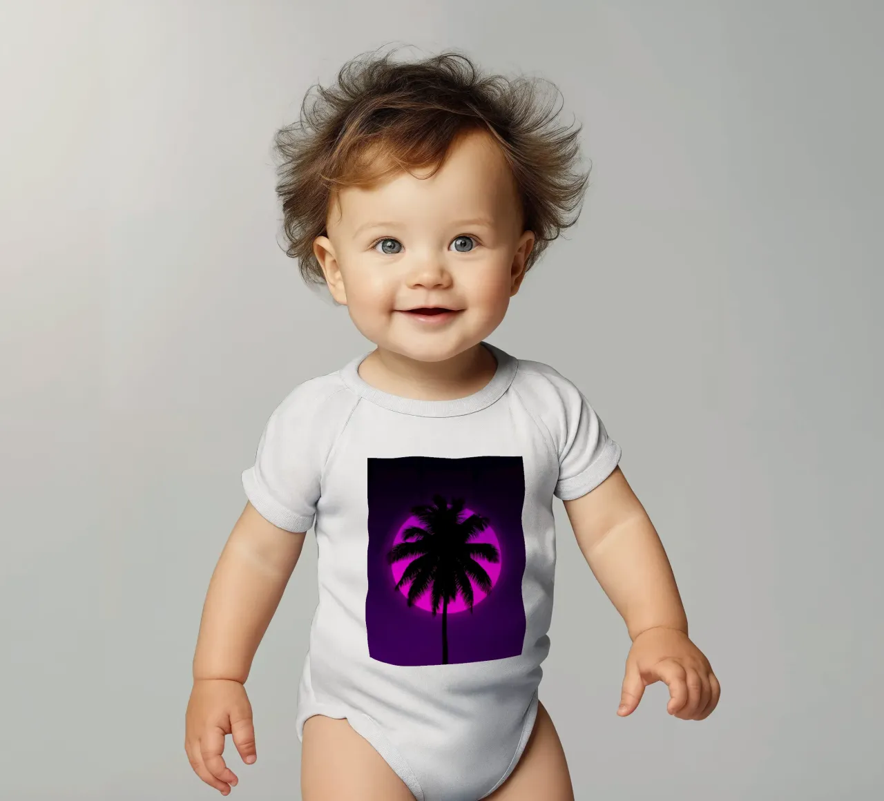 Silueta de palmera sobre un círculo rosa en un cuadro morado body de bebé de DesignDoodle