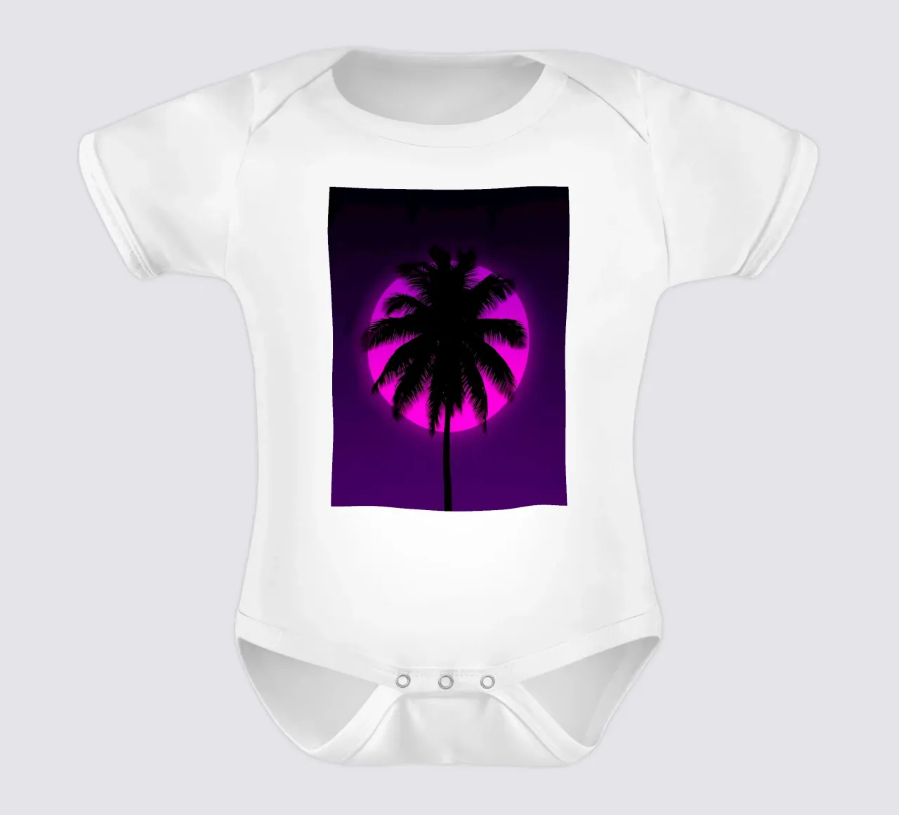 Silueta de palmera sobre un círculo rosa en un cuadro morado body de bebé de DesignDoodle