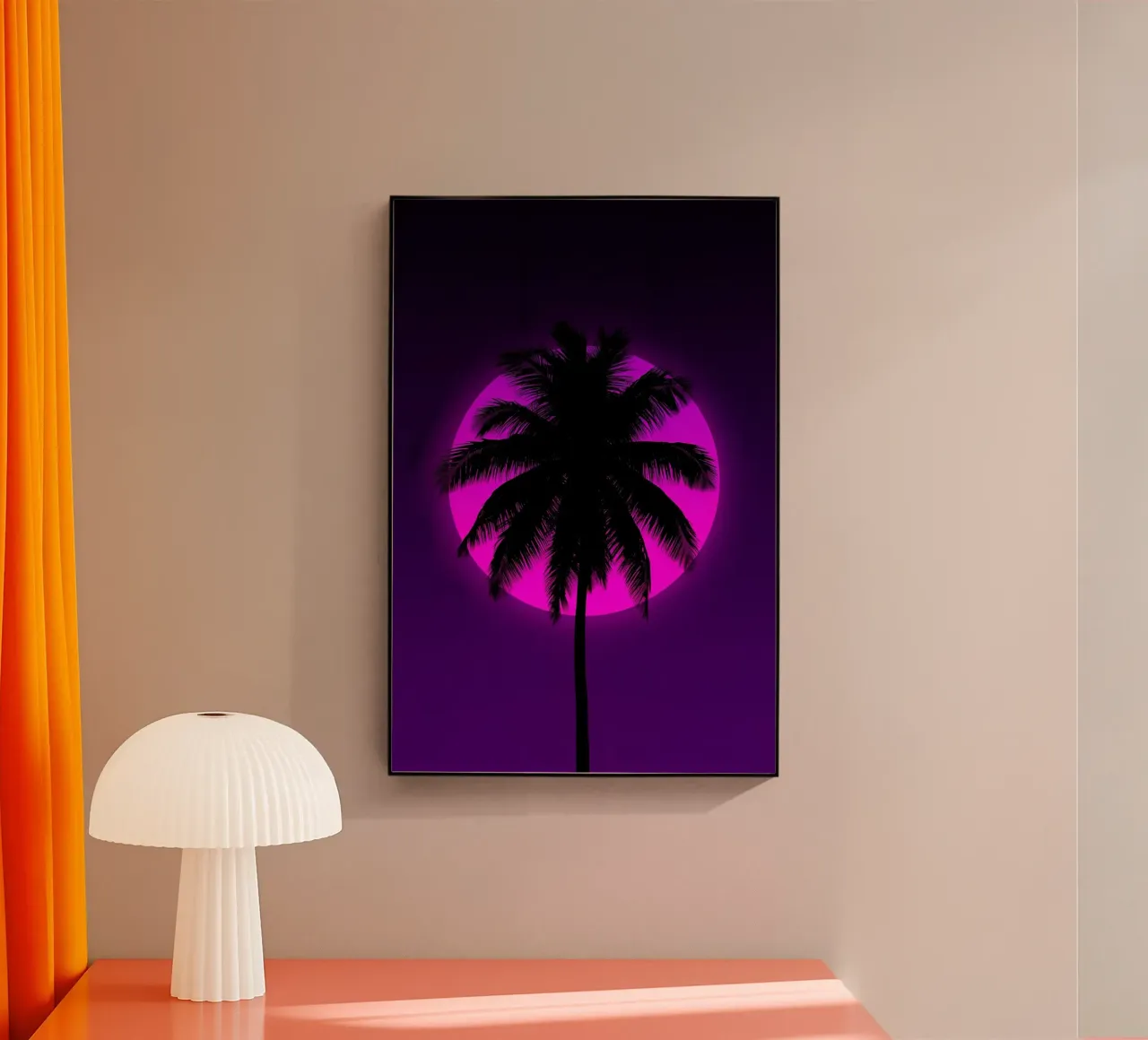 Silueta de palmera sobre un círculo rosa en un cuadro morado metacrilato de DesignDoodle