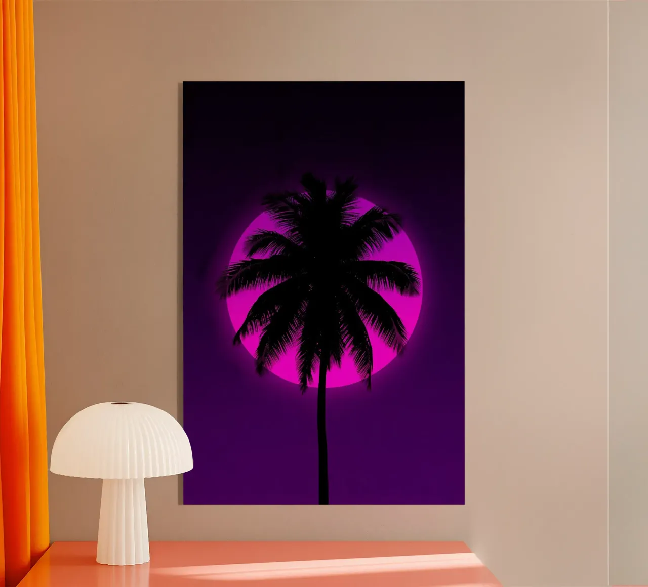 Silueta de palmera sobre un círculo rosa en un cuadro morado metacrilato de DesignDoodle